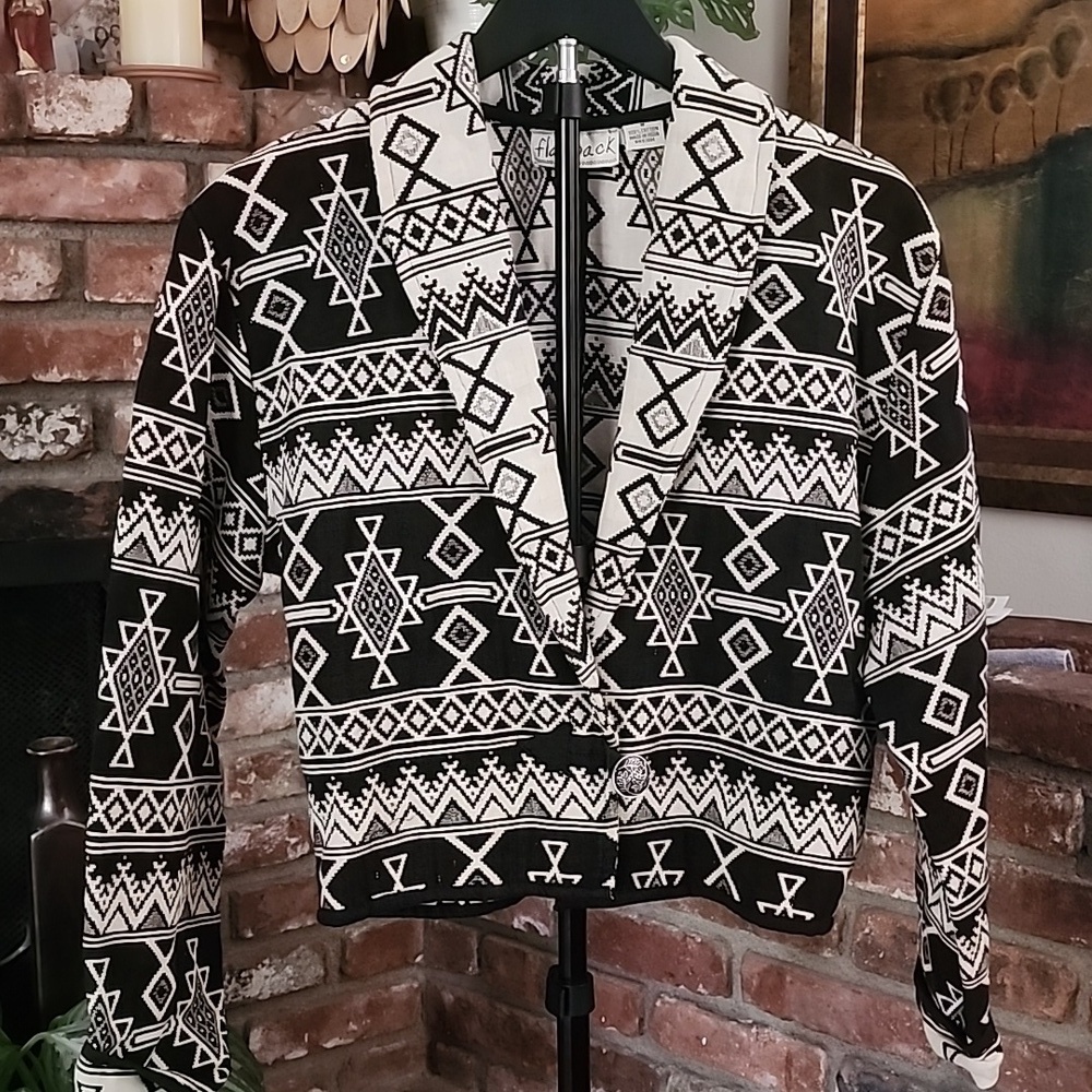 Flashback Vintage Cotton Black White Geometric Aztec Print Blazer Jacket